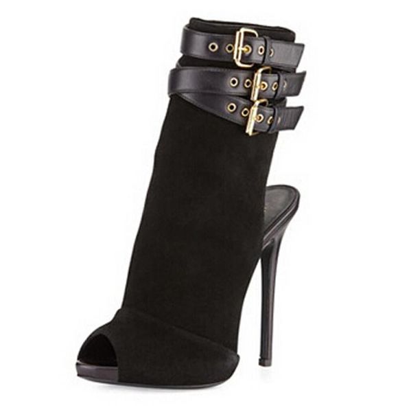 

boots open toe women fashion suede leather buckle design ankle super high back cut-out gladiator short formal dress shoes, Black