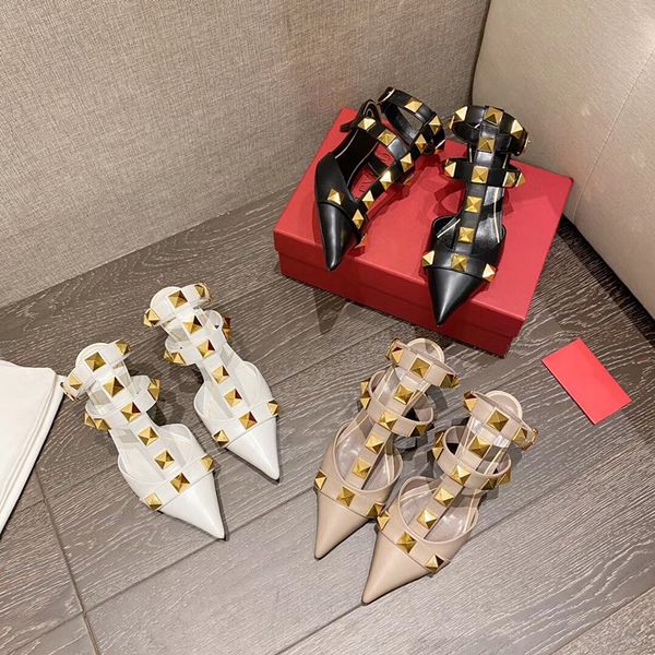 

2021 original designer brands women fashion rivet slippers roman stud leather gladiator sandal v metal high heels slipper, Black