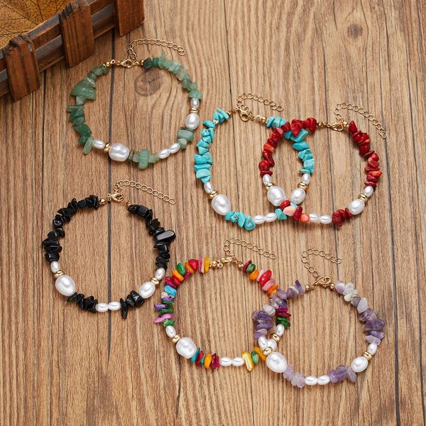 

trendy irregular natural stone beaded anklet for women bohemian colorful beads anklet bracelet 2021 summer beach foot jewelry, Red;blue