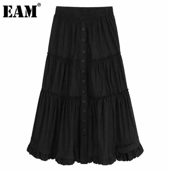 

[eam] high elastic waist ruffles pleated casual black white half-body skirt women fashion spring summer 1dd6800 210512