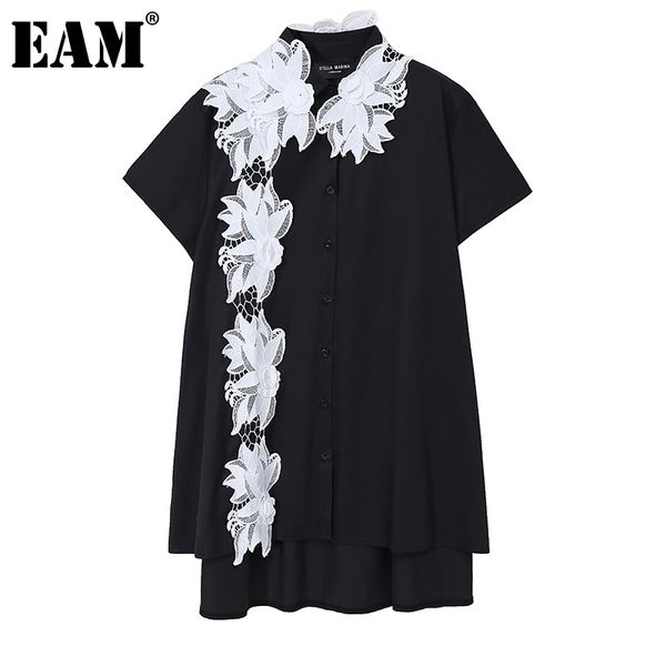

[eam] women white lace flower big size blouse lapel short sleeve loose fit shirt fashion spring summer 1dd5940 210512