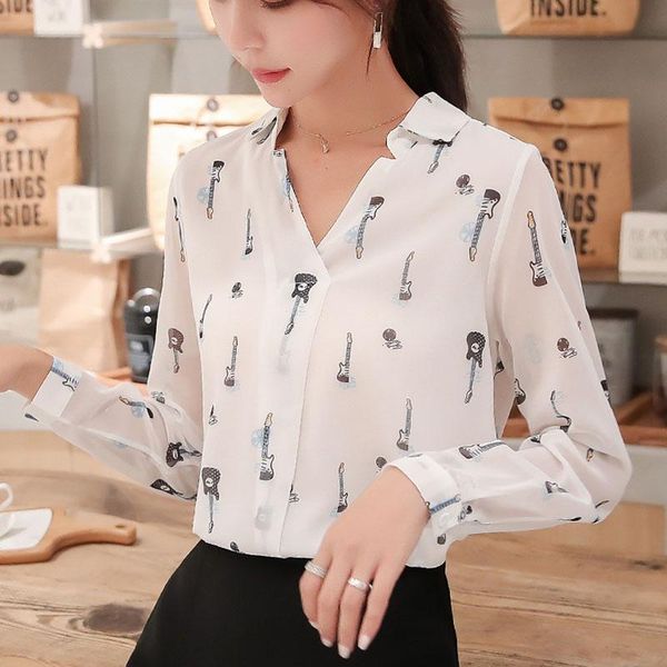 

spring autumn women's blouse korean style floral v-neck print shirt slim thin long sleeve female ll482 blouses & shirts, White
