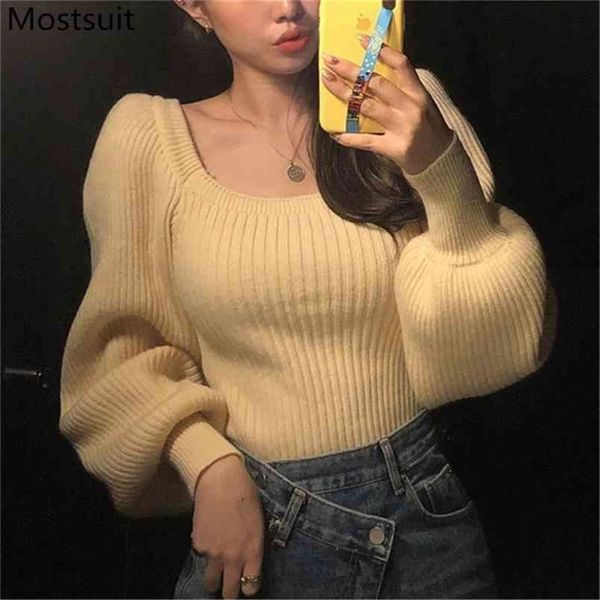 

puff sleeve square collar knitted sweater pullover women spring autumn solid fashion korean elegant jumpers femme 210513, Black