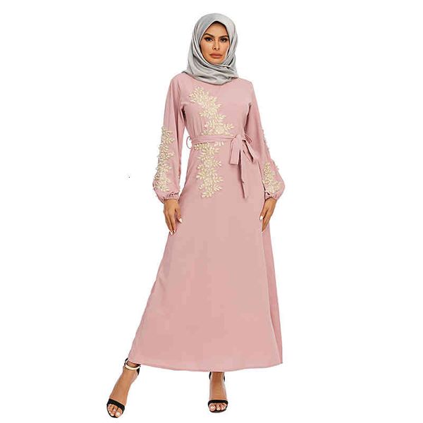 

muslim dubai women dress abaya turkey puff long sleeve flared maxi dress beading floral lace applique belted robe elegant, Black;gray