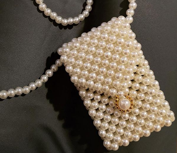 

kids purse beaded pearl handmade bags with chain mini messenger bag, White