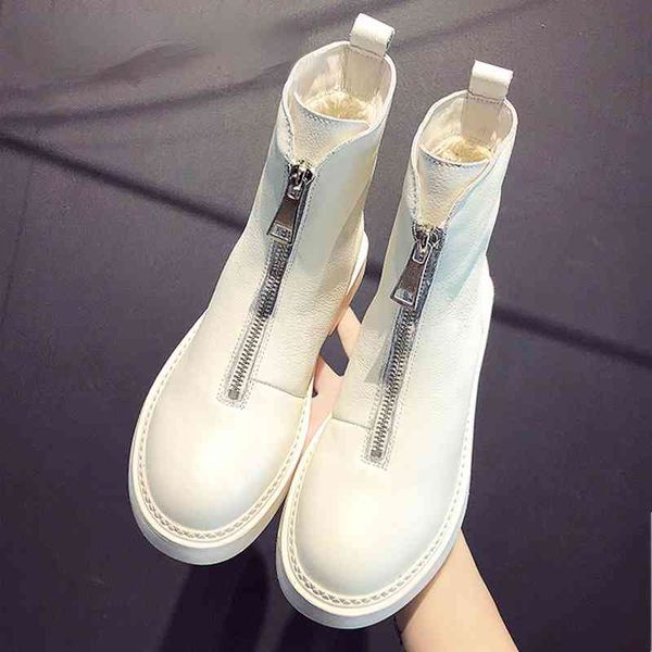 

genuine leather women boots winter plus velvet woman shoe fashion female breathable cowhide bootie front zipper light white boot k810, Black