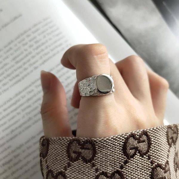 

cluster rings authentic s925 sterling silver fine jewelry unevenness concave-convex round band adjust tlj632, Golden;silver