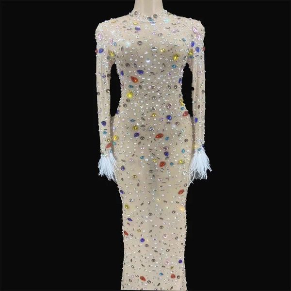 

party decoration colorful crystals pearls mesh dress prom evening transparent multicolor rhinestones costume birthday feather sleeves
