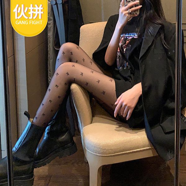 

straight bow stockings net red letter ins black silk pantyhose spring and autumn jk dark, Black;white
