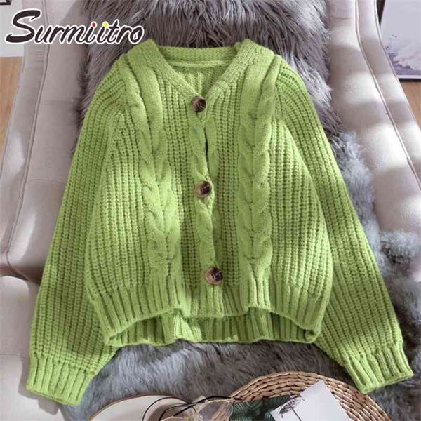 

coarse knitted short cardigan women autumn winter ladies white long sleeve female sweater coat knitwear 210421