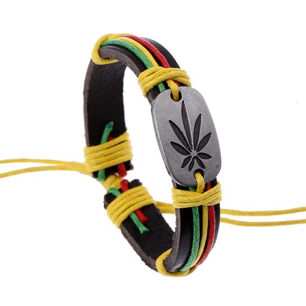 

jamaica red yellow green big maple leaf leather bracelet leather jewelry hip hop, Black