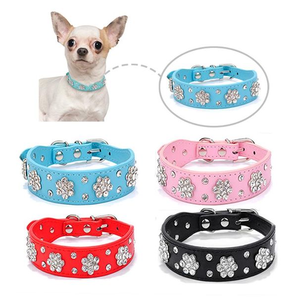 

dog collars & leashes bling rhinestone pet collar adjustable puppy cat pu leather neck strap crystal diamond belt for small dogs cats