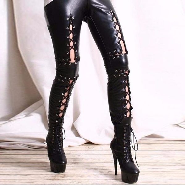 

gothic faux leather elastic womens pant leggings hollow out lace up pu leggins mid lady fetish black punk rock, Black;white