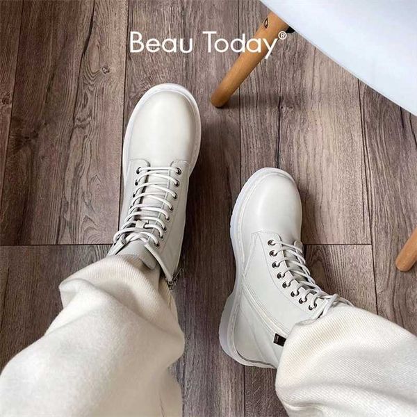 

beautoday ankle boots platform women cow leather side zipper lace-up round toe winter ladies warm shoes plus size 04218 211103, Black