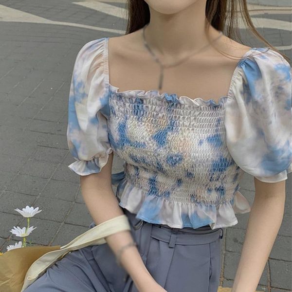 

women's blouses & shirts jlong women square neck french style puff sleeve summer elegantes short top, White