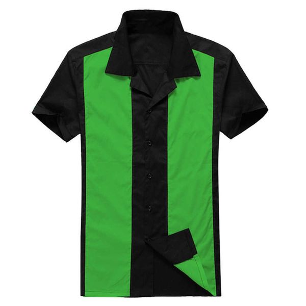 Erkek Patchwork Kısa Kollu Yaz Erkek Gömlek L-3XL Artı Boyutu Erkek Giyim Bluz Pamuk Bowling Vintage Gömlek Rockabilly Style 210527