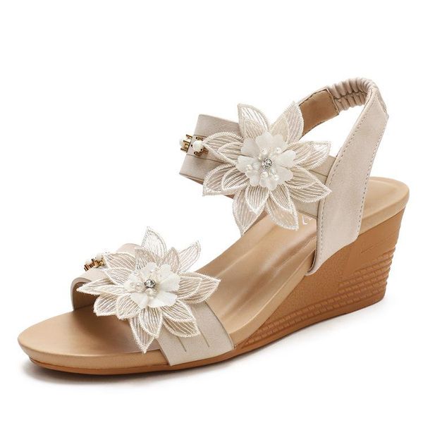 

sandals 2021 wedge women shoes for woman casual summer gladiator rome flower rhinestone pearl ladies sandles sandalias, Black