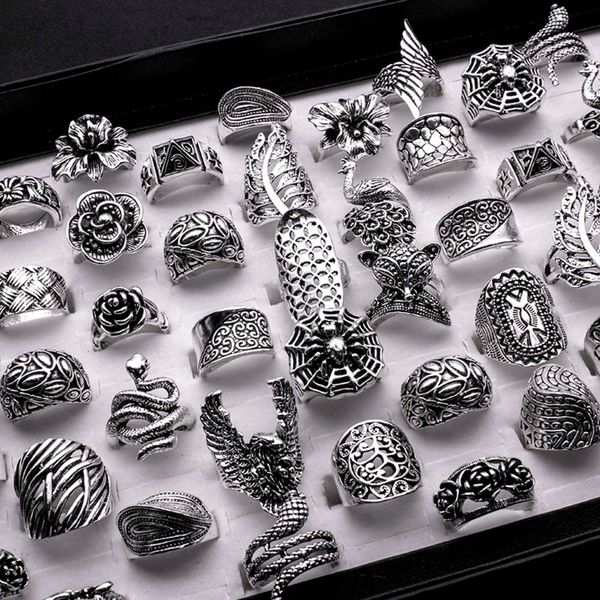 

women 25 pieces mix vintage ring wholesale antique silver plated boho gothic leaf flower statement rings men jewelry