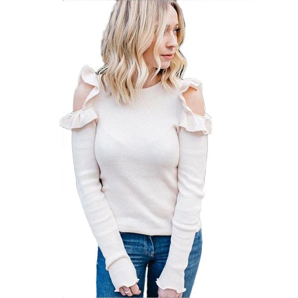 

women's t-shirt 2021 fashion autumn women girls ruffle long sleeve strapless solid casual cotton lady, White