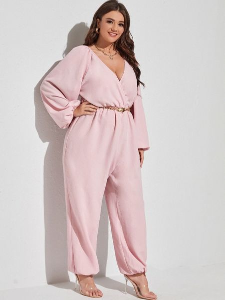 

plus tie back lantern sleeve jumpsuit without belt 63su#, Black