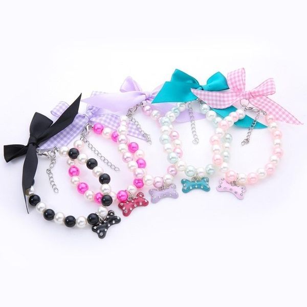 

dog collars & leashes fashion pearl puppy cat collar novelty chain ribbon bow tie splice pet necklace