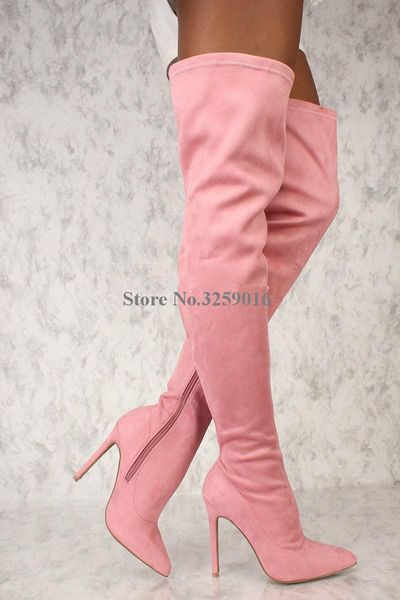 

boots women shoes classical style pointed toe suede leather over knee thin heel pink white high long party, Black