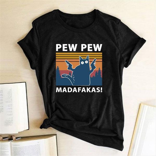 

funny pew cat with womens t shirts guns printed tshirts graphic tee streetwear for teens fashion short sleeve clothes, White
