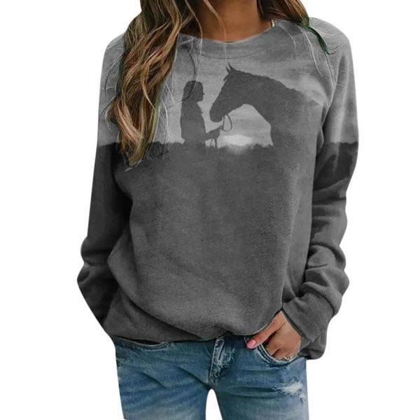 

women's hoodies & sweatshirts 3d printed women and horse casual o neck star print pullvoer long sleeve shirt clothes sudaderas, Black