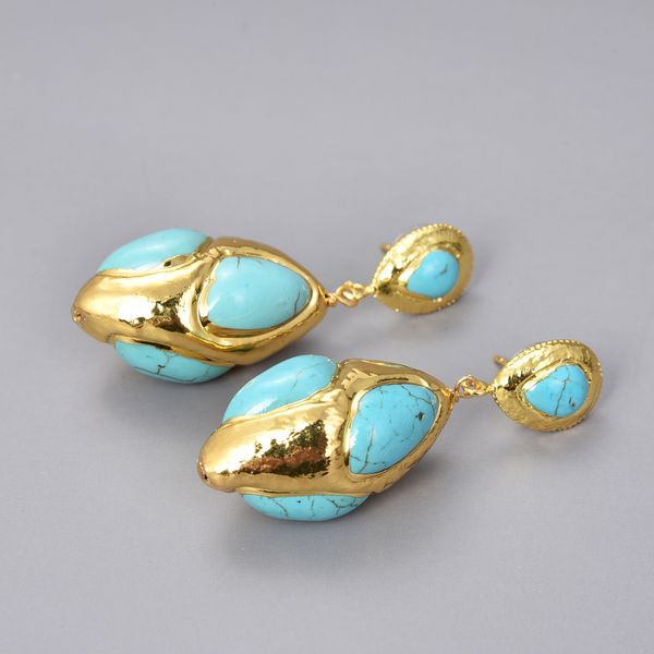 

guaiguai jewelry natural blue turquoise yellow gold plated stud earrings for women real gems stone lady fashion jewellry, Silver