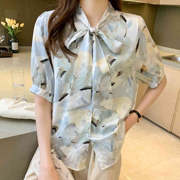 

women's blouses & shirts blouses with floral bows, budding shirts, korean fashion, office shirt, women's clothes, short sleeves, s, White