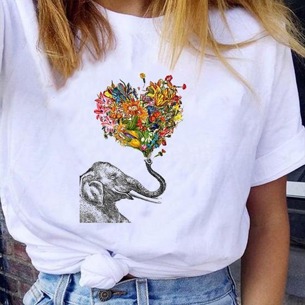

graphic elephant floral love womens t shirts happy valentines day 90s short sleeve lady clothes tees print female shirt, White