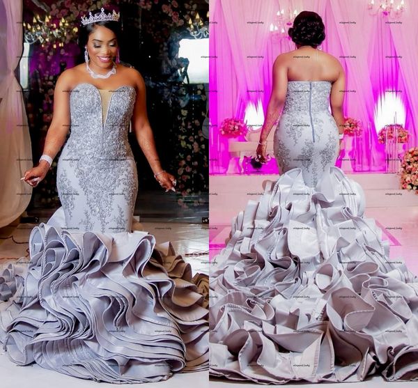 

silver lace aso ebi wedding dresses mermaid sweetheart zipper back ruffles satin plus size with train african princess bridal gowns, White