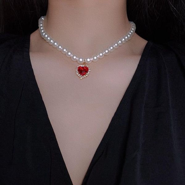 

chokers vintage red crystal heart pendant choker necklaces for women baroque pearl wedding aesthetic jewellery wholesale, Golden;silver