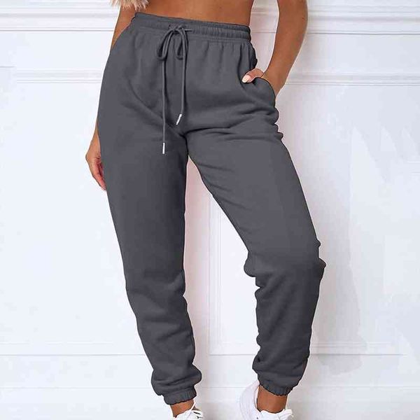

women sweatpants autumn high waist drawstring elastic band solid leisure sports harem pants trousers with pockets f3, Black;white