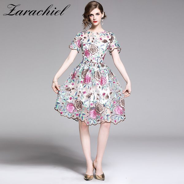 

dresses fashion designer runway floral overlay embroidery es summer women's short sleeve o neck vintage mesh party vestidos, Black;gray