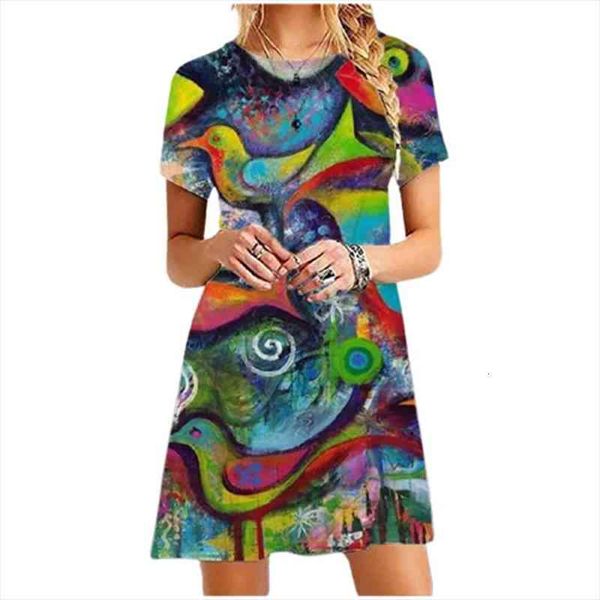 

summer 3d abstract painting print women dresses a line mini ladies short sleeve o neck casual streetwear clothes, Black;gray