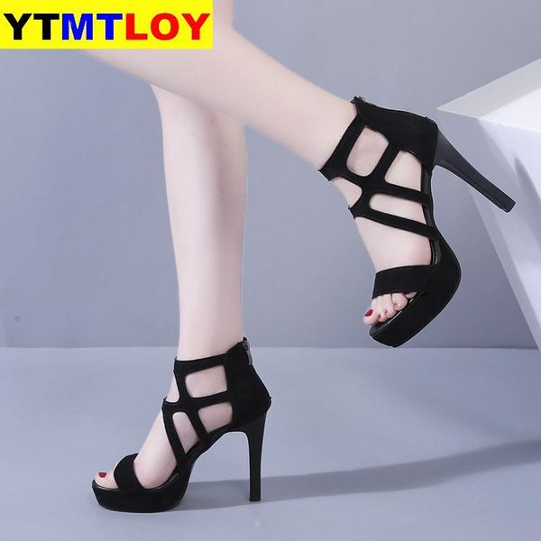 

dress shoes fashion womens round toe one word buckle high heel non-slip sandals heels women 2, Black