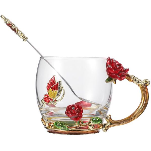 

set 330ml tea cup glass coffee mugs enamel flower drinking with spoon