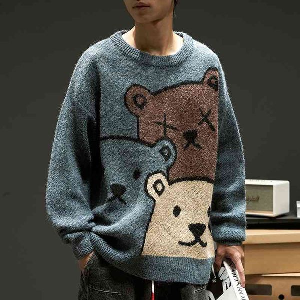 

cartoon bear winter men's women's fashion long-sved knitted pullover sweater oversized 2021 new cotton coat, Black