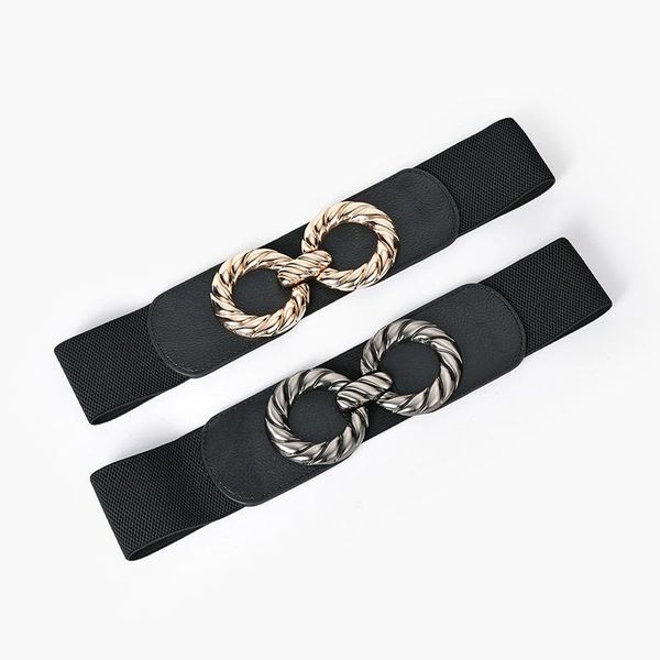 

belts women waist belt for coat and dress double circle buckle black gold elastic waistband 6.6cm width 70cm length yonbaody, Black;brown
