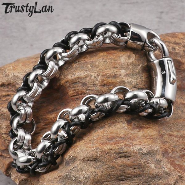 

trustylan 10mm wide 316l stainless steel bracelet men fashion woven leather chain & link mens bracelets bangles wristband link,, Black