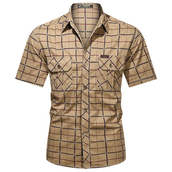 

men's casual shirts summer short sleeves 100% cotton 2021 casual head plaid shirt man work regular shirts front patches pocket 5xl, White;black