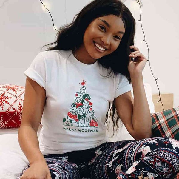 

women's t-shirt happy woofmas women's t-shirts funny christmas grapher t-shirts pet dog lovers cotton t-shirt drop clothes pzsr, White