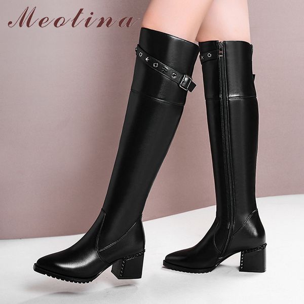 

winter over the knee boots women natural genuine leather buckle thick high heel long zip pointed toe shoes lady 42 210517, Black
