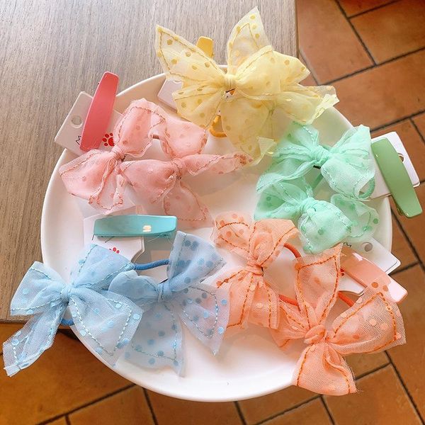 

hair accessories girls net yarn polka dot bow ties candy color rubber band baby headdress hairpin for children fashion, Slivery;white