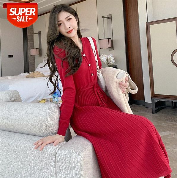 

knitted inner skirt, net red temperament, v-neck waist, thin long-sleeved dress women #k76q, Black;gray
