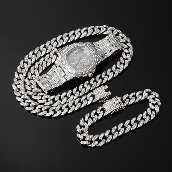 

chains d&z cuban chain watch set necklace& & bracelet hip hop gold iced out paved rhinestones cz bling rapper for men jewelry, Silver
