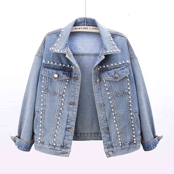

women's jackets spring fashion pearl denim jacket women clothes autumn harajuku short beaded loose jeans coat female bomber tide g, Black;brown