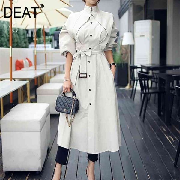 

deat autumn office lady bat sleeved long length wild slim waist loose elegant stand collar women's trench coat mx069 210820, Tan;black