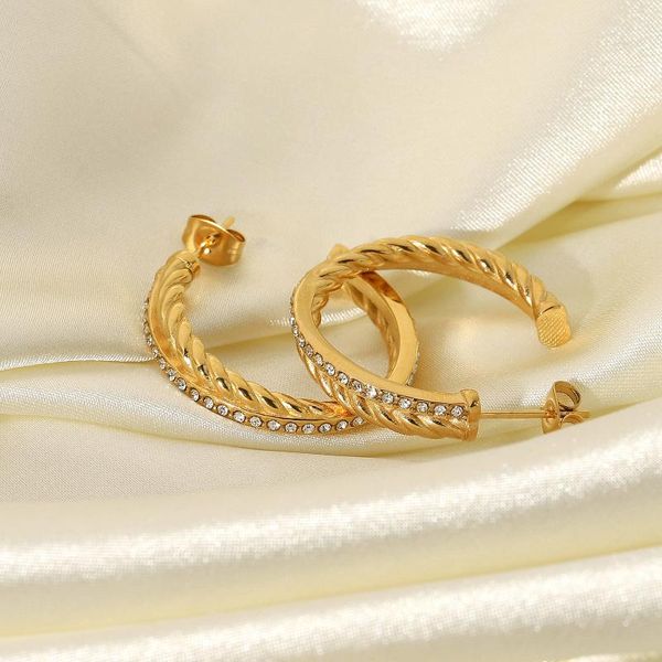 

hoop & huggie 18k gold plated zircon twisted earring stainless steel shape rhinestones earrings for women, Golden;silver
